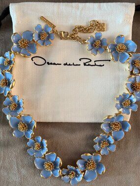 Oscar de la Renta Blue Enamel Floral Choker Necklace